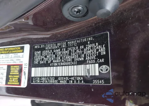 2013 Toyota Avalon Xle Touring from USA, damaged, VIN 4T1BK1EB8DU002432